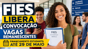 Estudante sorrindo em ambiente universitário segurando documentos do FIES, com destaque para a convocação de vagas remanescentes e o prazo até 29 de maio.