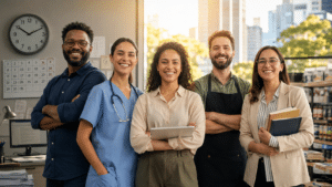Profissionais de diferentes áreas sorriem em ambiente de trabalho, representando novas oportunidades com o fim da escala 6x1.