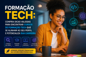 Mulher estudando no notebook em ambiente de home office, ao lado de chamada sobre dicas para encontrar cursos de formação tech alinhados ao perfil profissional.