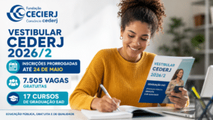 Estudante sorrindo enquanto estuda em casa com material do vestibular CEDERJ 2026/2, ao lado de informações sobre inscrições prorrogadas até 24 de maio e 7.505 vagas gratuitas.
