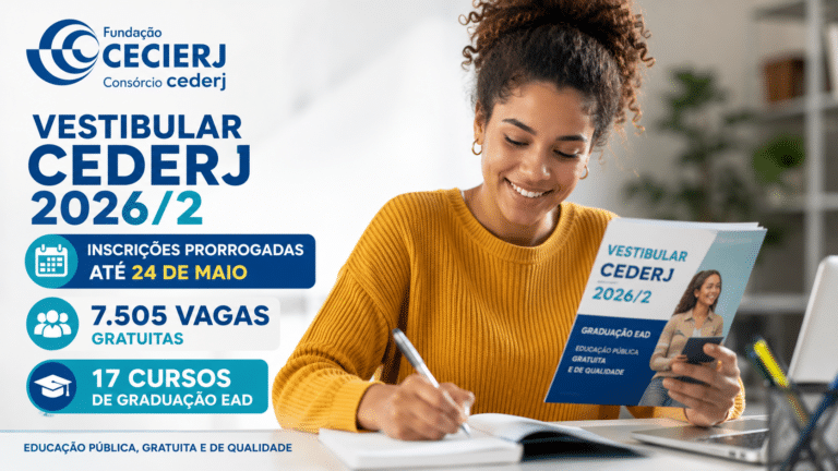 Estudante sorrindo enquanto estuda em casa com material do vestibular CEDERJ 2026/2, ao lado de informações sobre inscrições prorrogadas até 24 de maio e 7.505 vagas gratuitas.