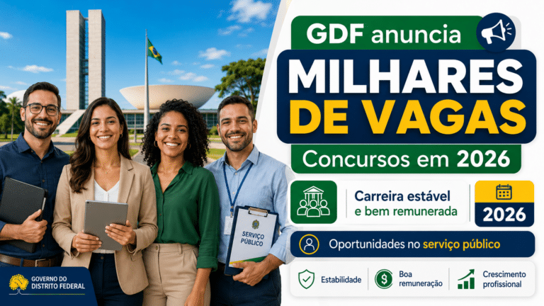 Servidores e candidatos em frente a prédios públicos de Brasília, com destaque para anúncio do GDF sobre milhares de vagas em concursos de 2026.