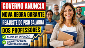 Professora sorrindo com cadernos em ambiente escolar, acompanhada por outros educadores, ao lado de chamada sobre nova regra do governo para reajuste do piso salarial dos professores acima da inflação.