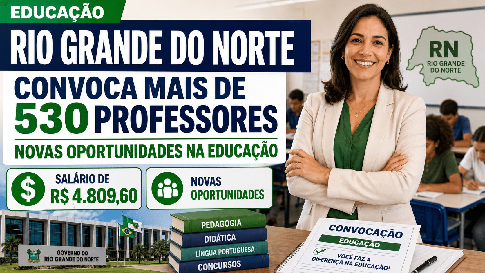 Imagem sobre convocação de mais de 530 professores pelo Governo do Rio Grande do Norte, com salário de R$ 4.809,60 na área da educação.