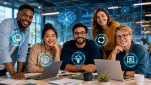 Profissionais sorrindo em ambiente tecnológico com ícones de inteligência artificial, colaboração e inovação no mercado de trabalho.