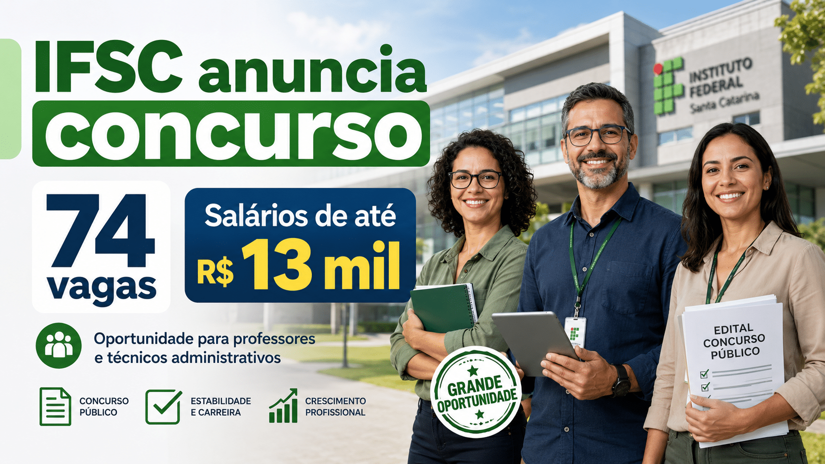Professores e técnicos administrativos em frente a um campus do IFSC, com destaque para concurso público de 74 vagas e salários de até R$ 13 mil.