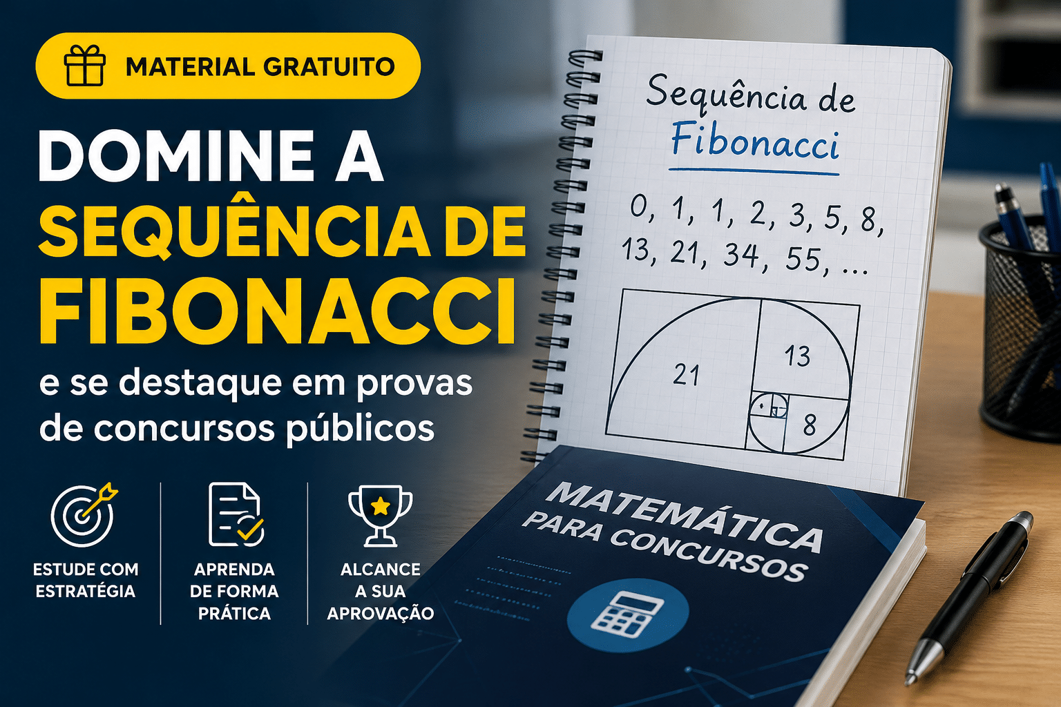 Imagem sobre material gratuito para aprender sequência de Fibonacci e melhorar o desempenho em provas de concursos públicos.