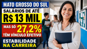 Professora sorrindo em corredor escolar com cadernos nas mãos, ao lado de chamada sobre salários de até R$ 13 mil para professores em Mato Grosso do Sul e vínculo efetivo de 27,2%.