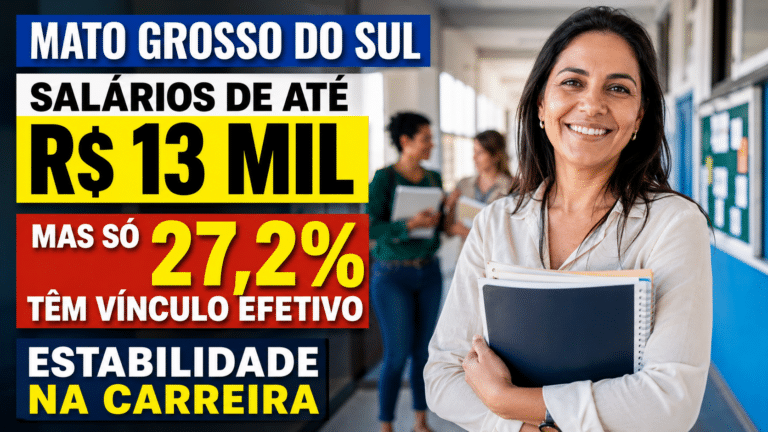 Professora sorrindo em corredor escolar com cadernos nas mãos, ao lado de chamada sobre salários de até R$ 13 mil para professores em Mato Grosso do Sul e vínculo efetivo de 27,2%.