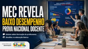 Gestores e educadores analisando gráficos de baixo desempenho da Prova Nacional Docente em reunião sobre formação de professores e desafios da educação básica.