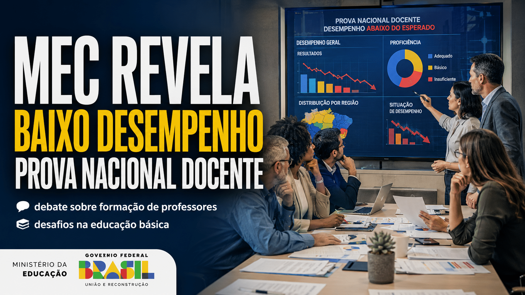Gestores e educadores analisando gráficos de baixo desempenho da Prova Nacional Docente em reunião sobre formação de professores e desafios da educação básica.