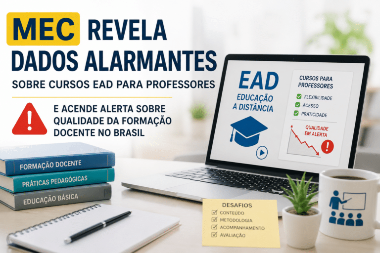 Notebook exibindo dados sobre cursos EAD para professores, com alerta sobre a qualidade da formação docente no Brasil.