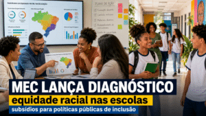 Gestores e estudantes em escola analisando diagnóstico sobre equidade racial na educação, com dados para apoiar políticas públicas de inclusão.