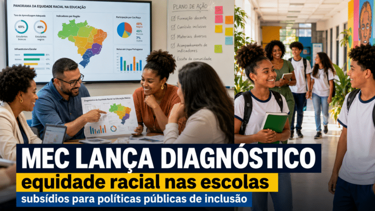 Gestores e estudantes em escola analisando diagnóstico sobre equidade racial na educação, com dados para apoiar políticas públicas de inclusão.