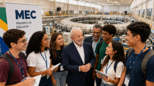 Lula conversa com estudantes durante evento do MEC em laboratório com acelerador de partículas em Campinas.