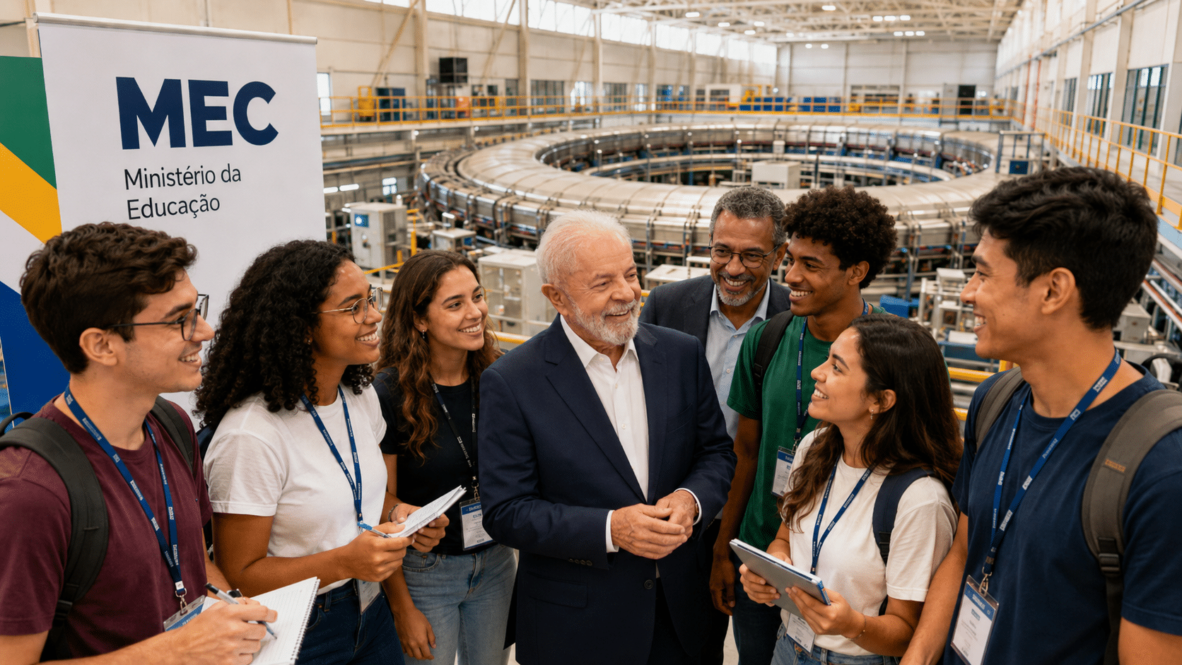 Lula conversa com estudantes durante evento do MEC em laboratório com acelerador de partículas em Campinas.