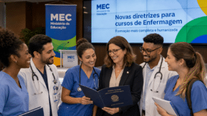 Estudantes e profissionais de enfermagem conversam com representante do MEC sobre novas diretrizes para formação mais completa e humanizada.