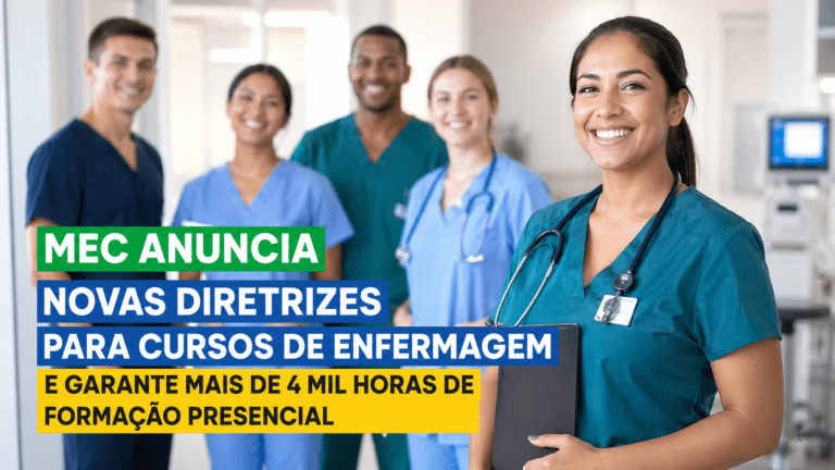 Profissionais de enfermagem sorrindo em ambiente hospitalar ao lado de chamada sobre as novas diretrizes do MEC para cursos de Enfermagem com mais de 4 mil horas presenciais.