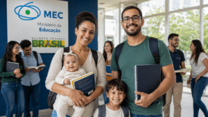Mãe, pai e crianças em ambiente universitário representam a prorrogação de bolsas do MEC para estudantes da pós-graduação com filhos.