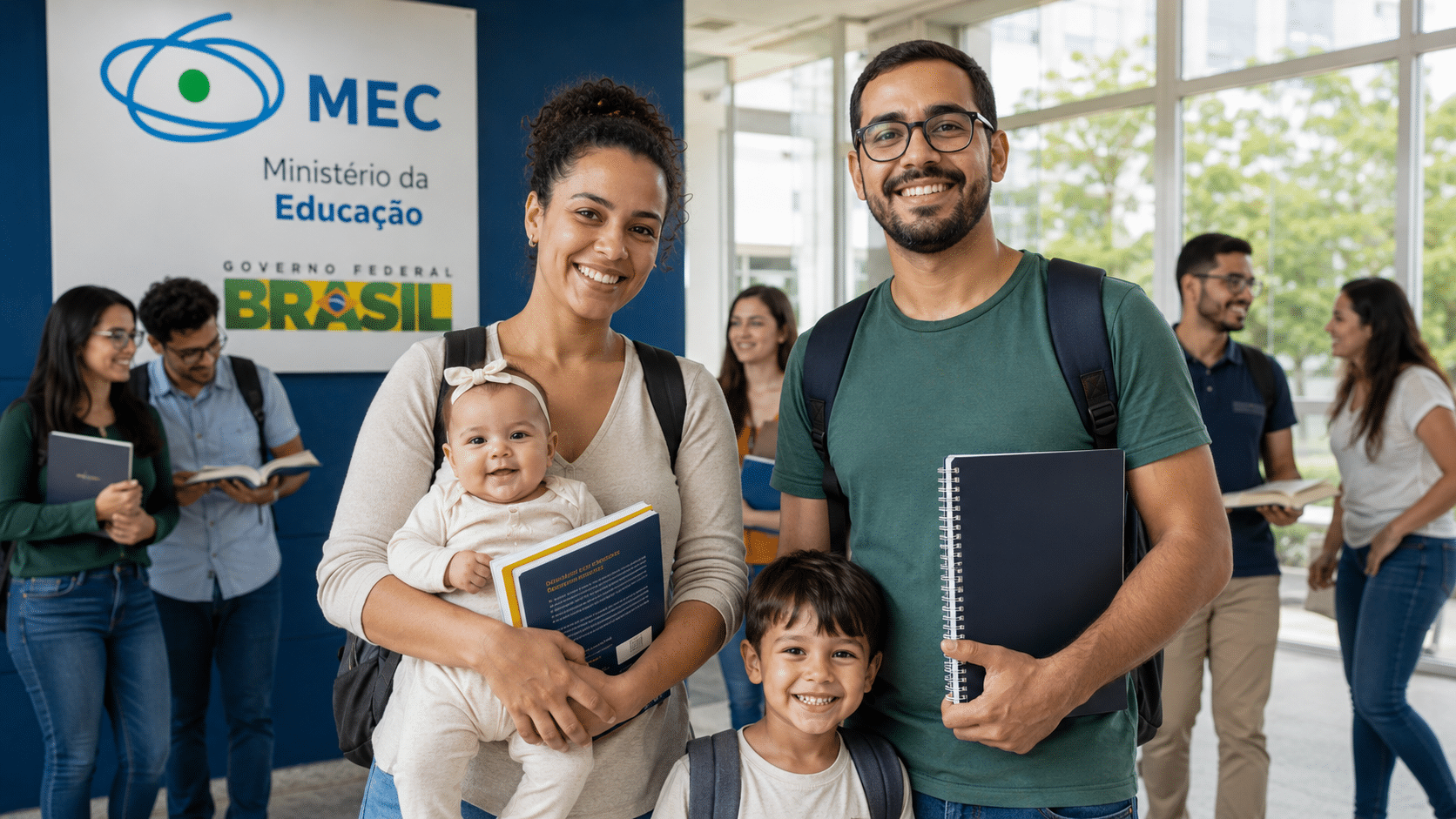 Mãe, pai e crianças em ambiente universitário representam a prorrogação de bolsas do MEC para estudantes da pós-graduação com filhos.