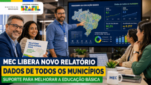 Gestores analisando painel com dados da educação básica no Brasil, ao lado de chamada sobre novo relatório educacional do MEC com informações de todos os municípios.