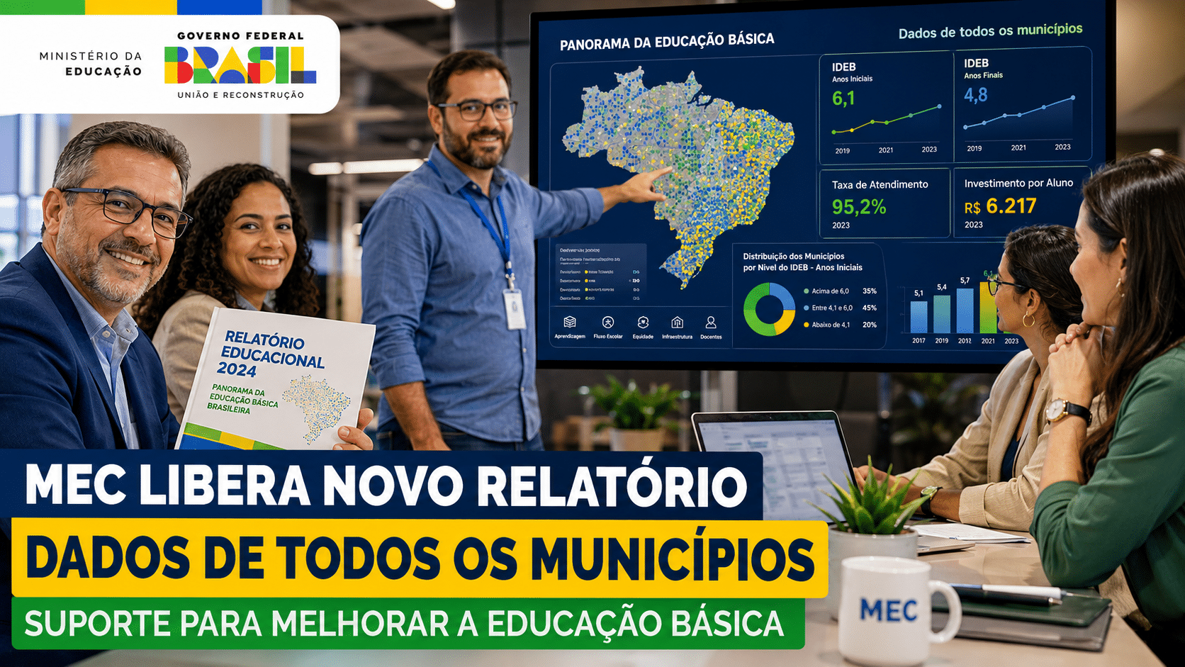 Gestores analisando painel com dados da educação básica no Brasil, ao lado de chamada sobre novo relatório educacional do MEC com informações de todos os municípios.