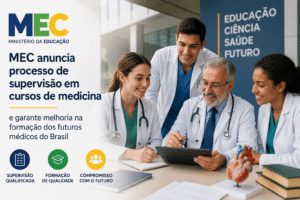 Profissionais e estudantes de medicina analisam documentos durante anúncio do MEC sobre supervisão de cursos e melhoria da formação médica no Brasil.