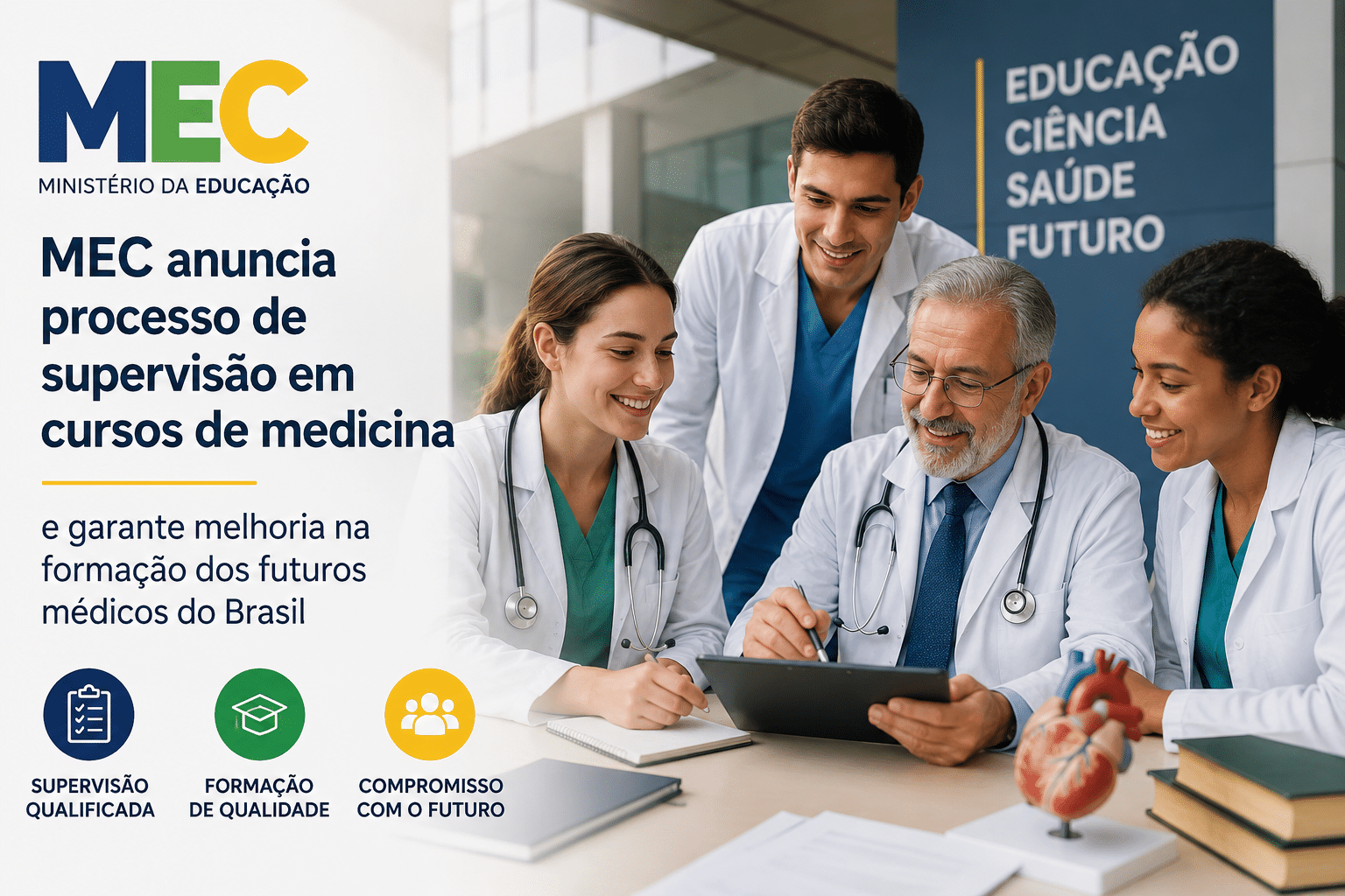 Profissionais e estudantes de medicina analisam documentos durante anúncio do MEC sobre supervisão de cursos e melhoria da formação médica no Brasil.