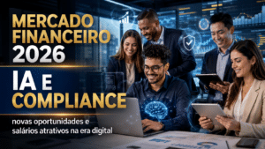 Profissionais do mercado financeiro analisam dados digitais com ícones de inteligência artificial e compliance, representando oportunidades de carreira em 2026.
