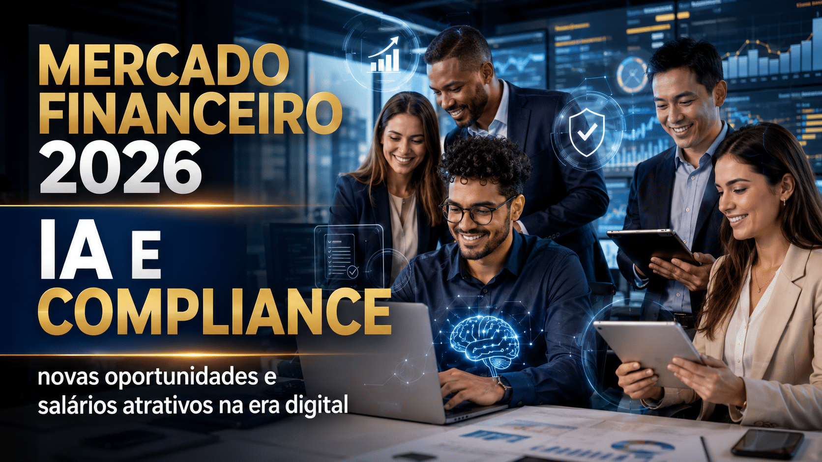 Profissionais do mercado financeiro analisam dados digitais com ícones de inteligência artificial e compliance, representando oportunidades de carreira em 2026.
