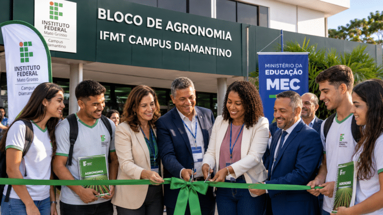 Autoridades, estudantes e representantes do IFMT participam da inauguração do Bloco de Agronomia no Campus Diamantino.