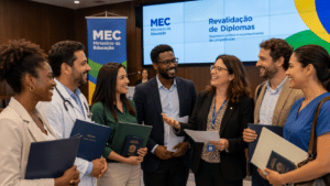 Profissionais e representantes do MEC participam de encontro sobre revalidação de diplomas e segurança jurídica para formados no exterior.