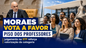 Educadores reunidos em frente ao STF, com destaque para voto de Moraes a favor do piso salarial dos professores e valorização da categoria.