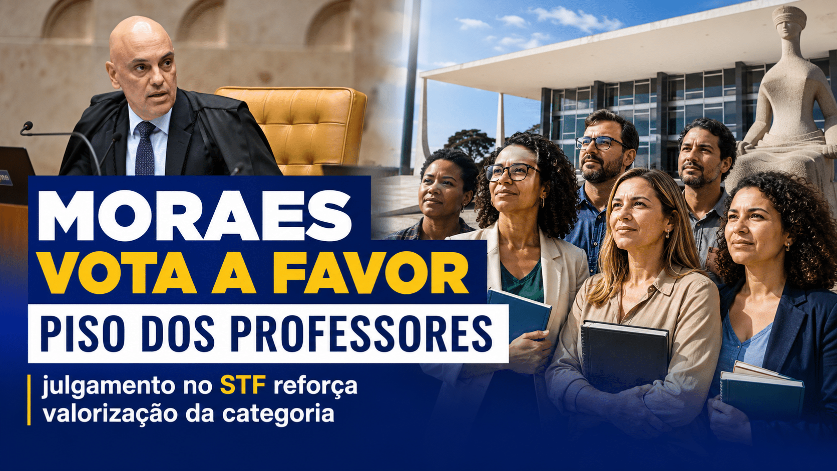 Educadores reunidos em frente ao STF, com destaque para voto de Moraes a favor do piso salarial dos professores e valorização da categoria.