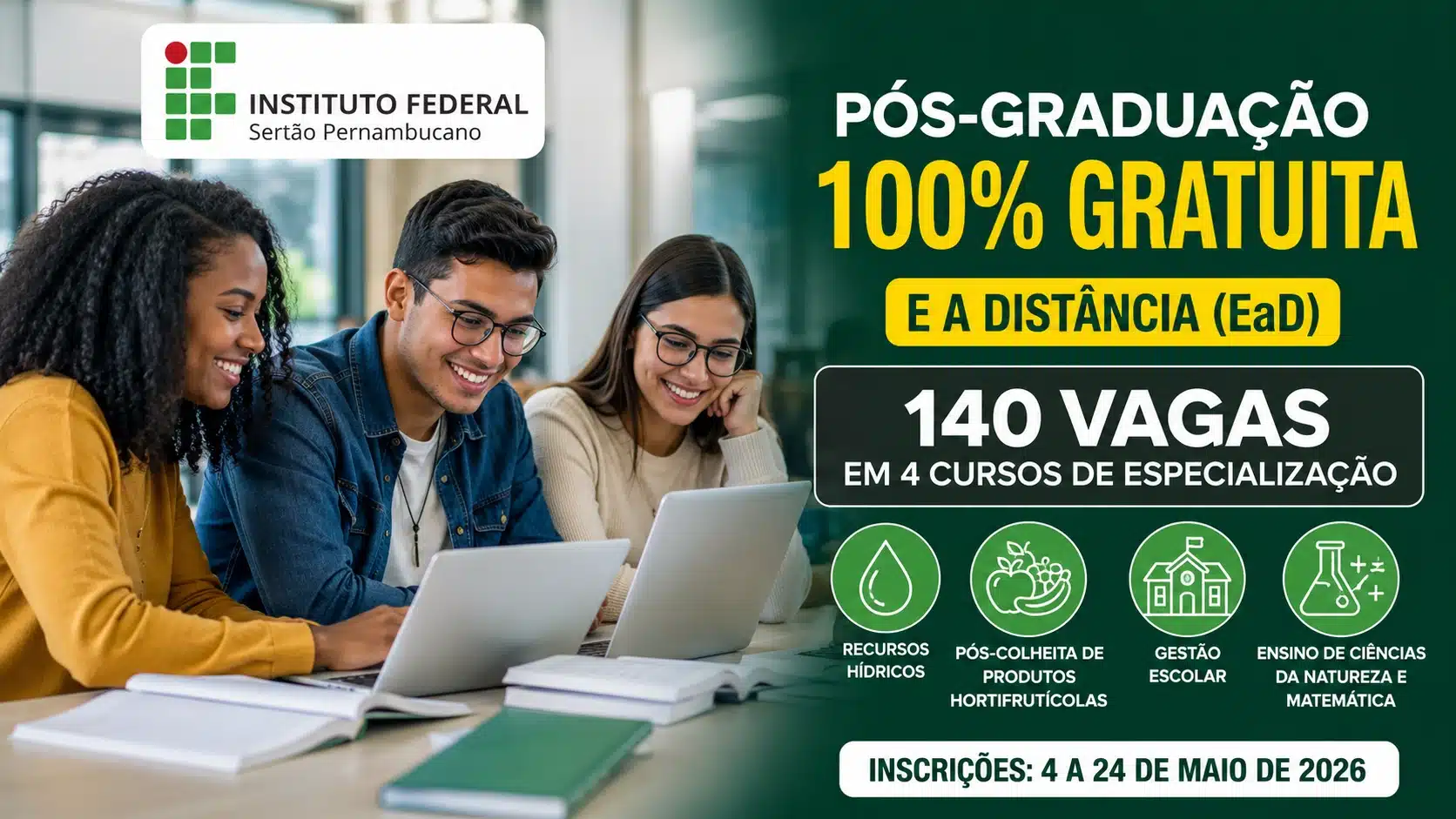 IFSertãoPE abre 140 vagas em cursos de especialização 100% gratuitos EAD em quatro áreas diversificadas