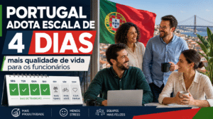 Funcionários sorrindo em escritório com bandeira de Portugal ao fundo, em imagem sobre adoção da escala de 4 dias de trabalho e melhoria da qualidade de vida.