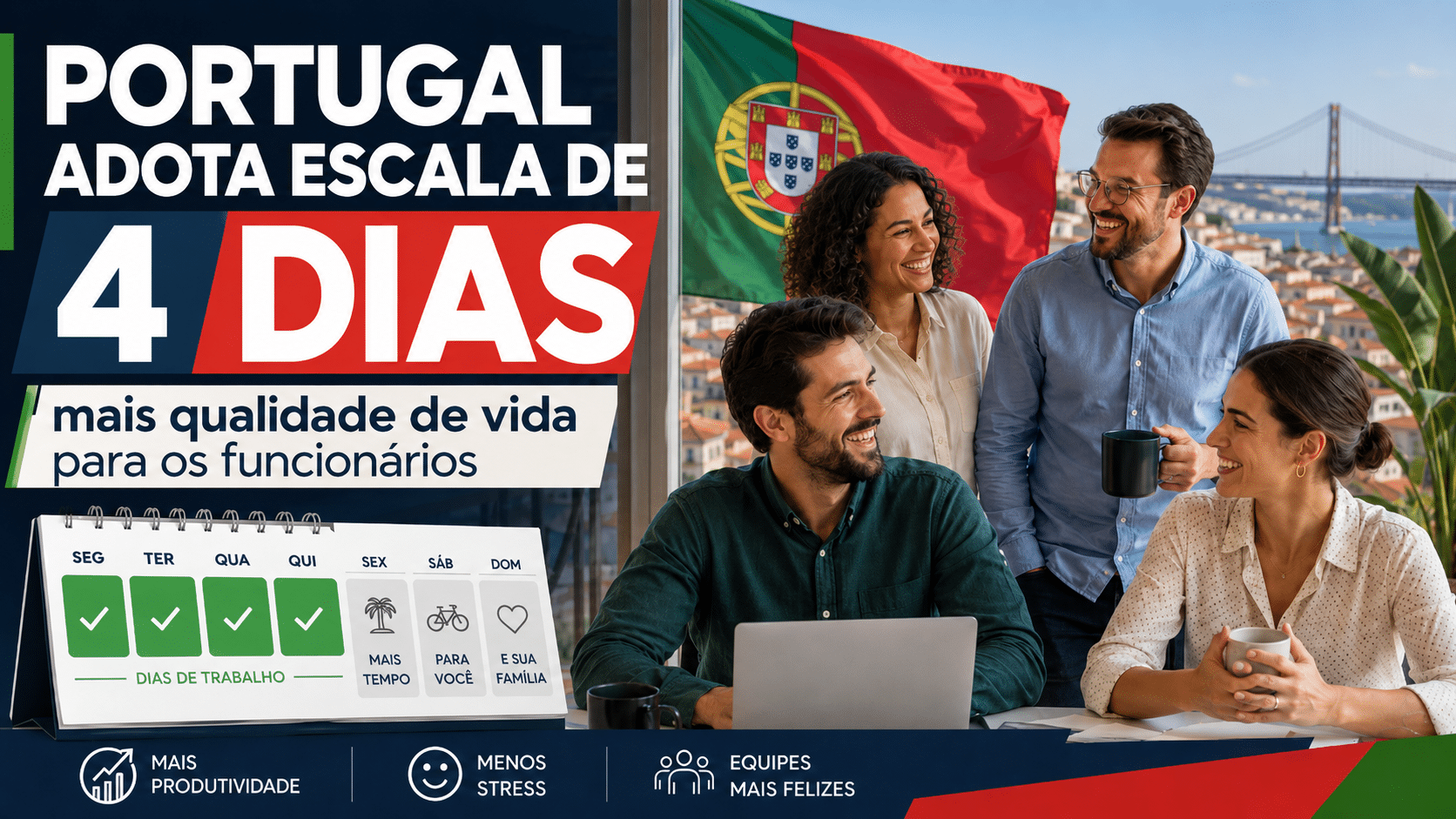 Funcionários sorrindo em escritório com bandeira de Portugal ao fundo, em imagem sobre adoção da escala de 4 dias de trabalho e melhoria da qualidade de vida.