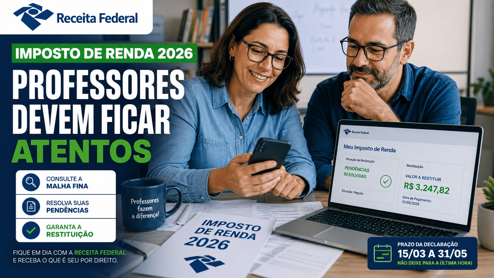 Professores consultando pendências do Imposto de Renda 2026 no site da Receita Federal para verificar a malha fina e garantir a restituição.
