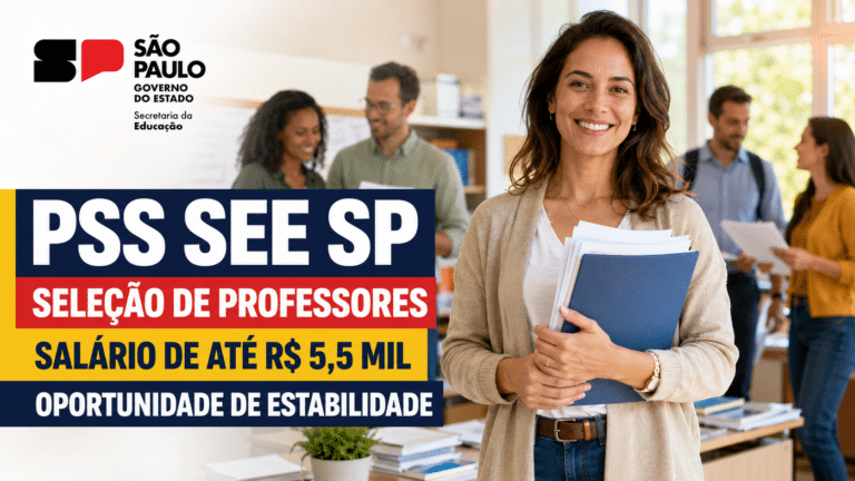Professora sorrindo com documentos em ambiente escolar, ao lado de chamada sobre PSS SEE SP para seleção de professores com salário de até R$ 5,5 mil e oportunidades na carreira docente.
