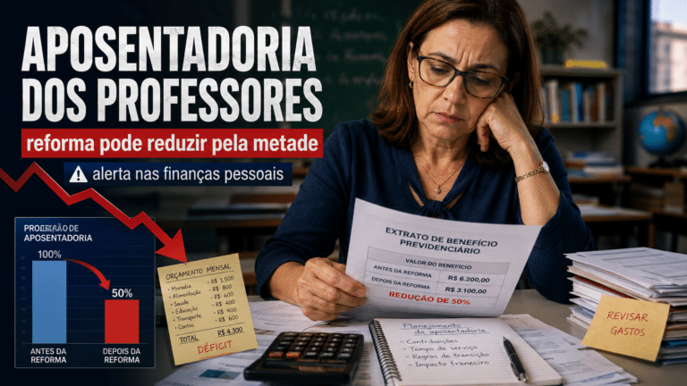 Professora analisando documentos de aposentadoria e orçamento pessoal em sala de aula, com destaque para estudo sobre possível redução do benefício previdenciário dos docentes.