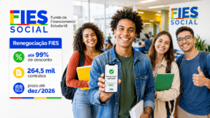 Estudantes sorriem em ambiente universitário durante campanha de renegociação do Fies com descontos de até 99% e prazo até dezembro de 2026.