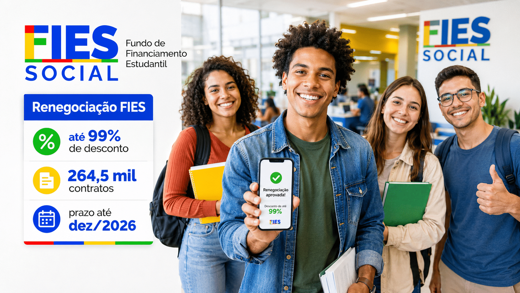 Estudantes sorriem em ambiente universitário durante campanha de renegociação do Fies com descontos de até 99% e prazo até dezembro de 2026.