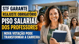 Professora sorrindo com cadernos em frente ao STF, com destaque para notícia sobre reajuste obrigatório do piso salarial dos professores e nova votação sobre a carreira docente.