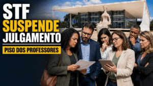 Professores analisando documentos em frente ao prédio do STF, com destaque para suspensão do julgamento sobre o piso salarial dos professores.