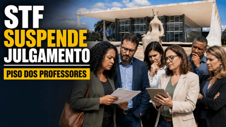 Professores analisando documentos em frente ao prédio do STF, com destaque para suspensão do julgamento sobre o piso salarial dos professores.