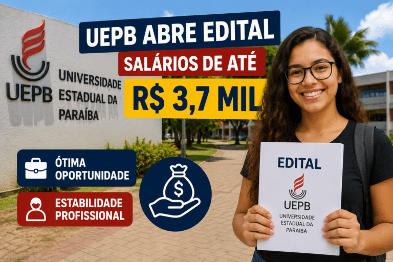 Candidata sorrindo em frente ao campus da UEPB segurando edital, com destaque para salários de até R$ 3,7 mil e oportunidade de estabilidade profissional.