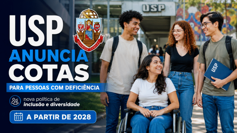 Estudantes no campus da USP, incluindo uma jovem em cadeira de rodas, ao lado de chamada sobre cotas para pessoas com deficiência a partir de 2028.
