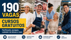 190 vagas em cursos gratuitos de qualificação profissional e oferece oportunidades em panificação, açougue, cuidador de idosos e muito mais
