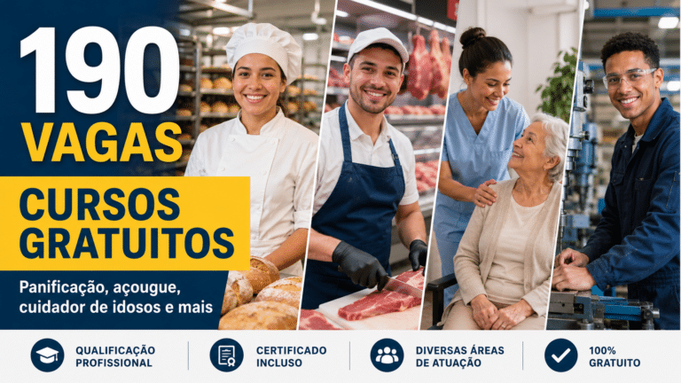 190 vagas em cursos gratuitos de qualificação profissional e oferece oportunidades em panificação, açougue, cuidador de idosos e muito mais