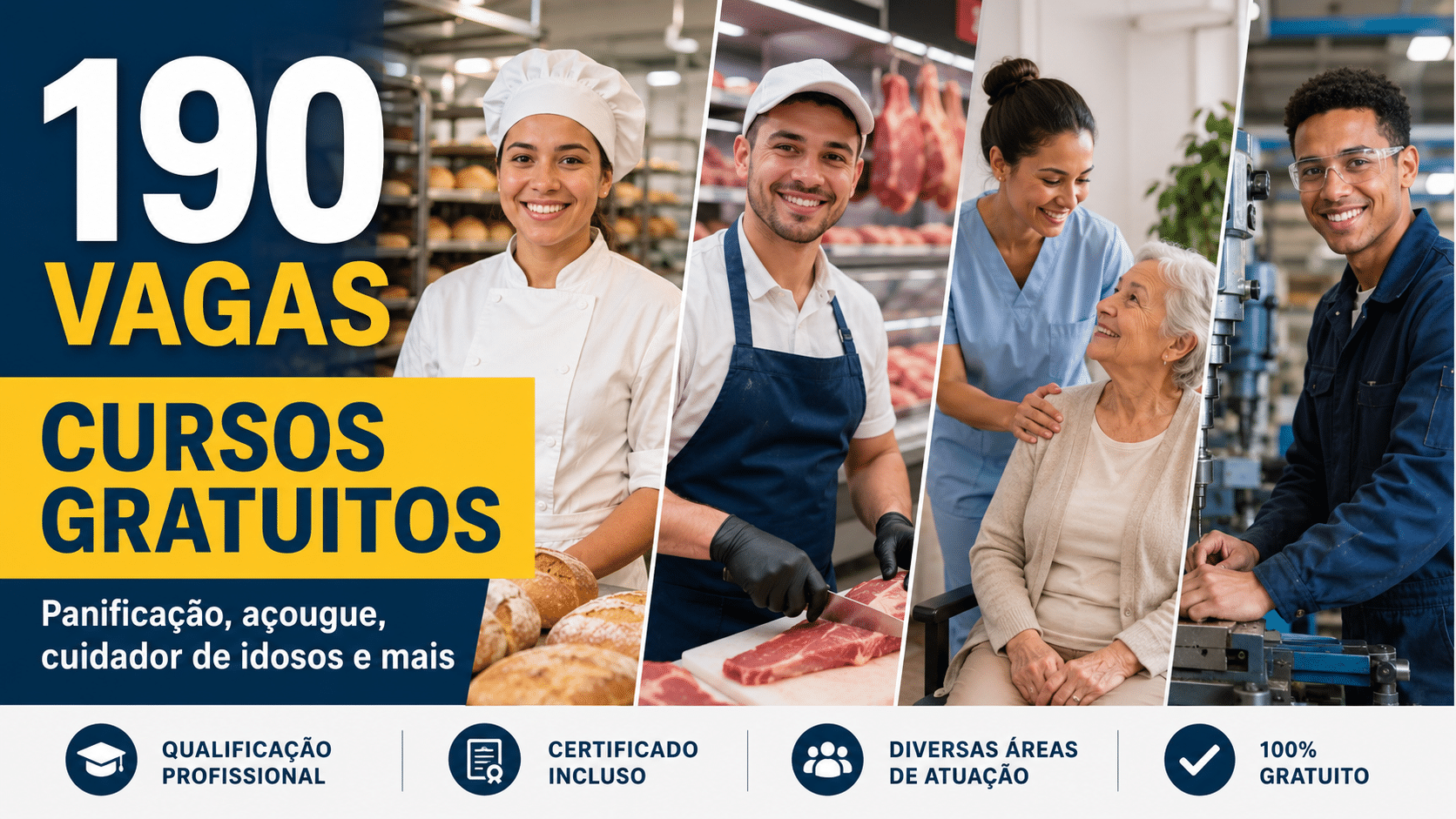 190 vagas em cursos gratuitos de qualificação profissional e oferece oportunidades em panificação, açougue, cuidador de idosos e muito mais